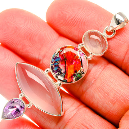 Rose Quartz, Kingman Pink Dahlia Turquoise, Amethyst, Rainbow Moonstone Pendant 2 1/2" (925 Sterling Silver) PD38167