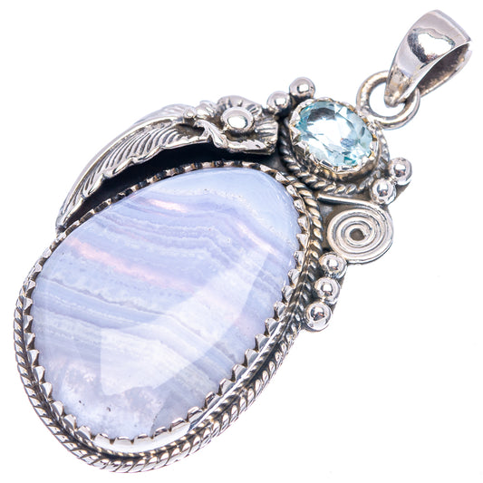 Blue lace agate oval pendant with .925 sterling silver bail and blue top accents