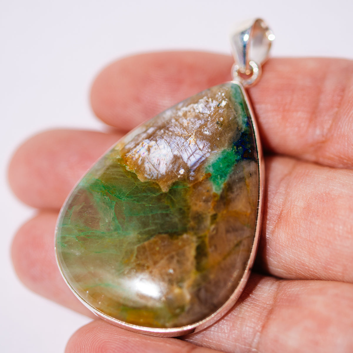 Moonstone in Chrysoprase Pendant 2 1/4" (.925 Sterling Silver)