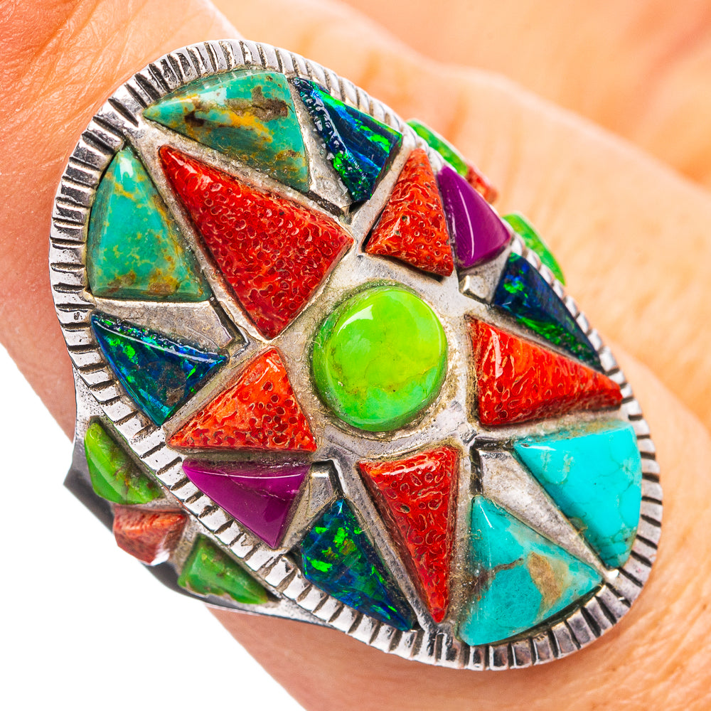 Southwestern Style Green Turquoise, Sponge Coral, Opal, Mojave Turquoise, Sugilite Ring Size 7.75 (.925 Sterling Silver)