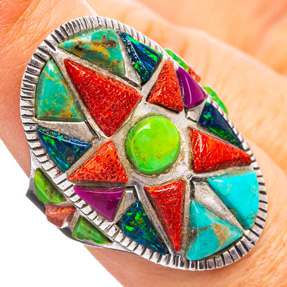 Southwestern Style Green Turquoise, Sponge Coral, Opal, Mojave Turquoise, Sugilite Ring Size 7.75 (.925 Sterling Silver)