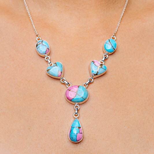 Turquoise and pink heart pendant necklace with silver-tone chain and teardrop charm