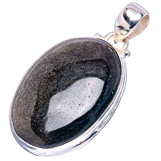 Oval obsidian pendant .925 sterling silver with dark gold sheen and bail loop