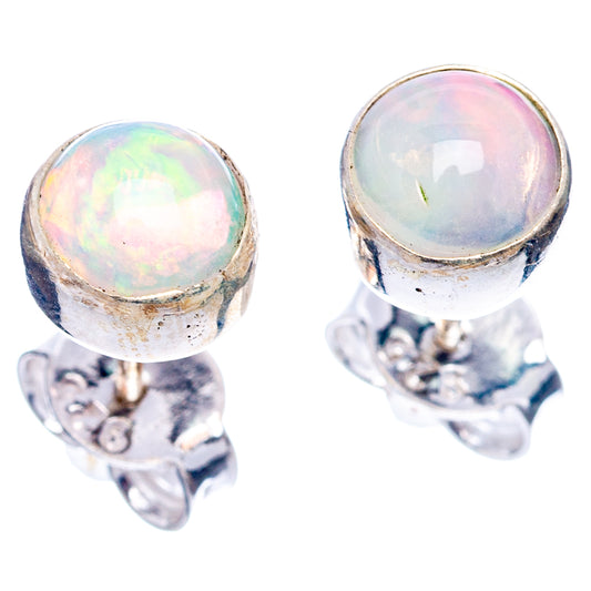 Bezel-set round opal studs in .925 sterling silver with butterfly backs