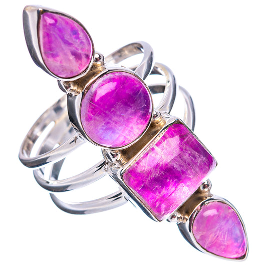 Pink moonstone ring with five gemstone settings in .925 sterling silver, angled view