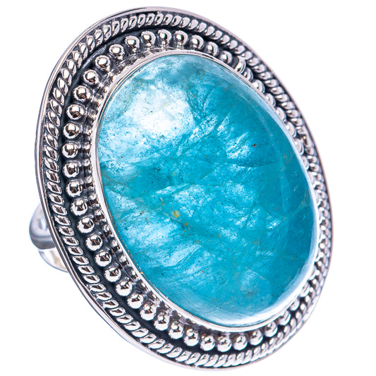 Sterling silver ring with oval aquamarine cabochon, detailed bezel and beaded edge, size 7