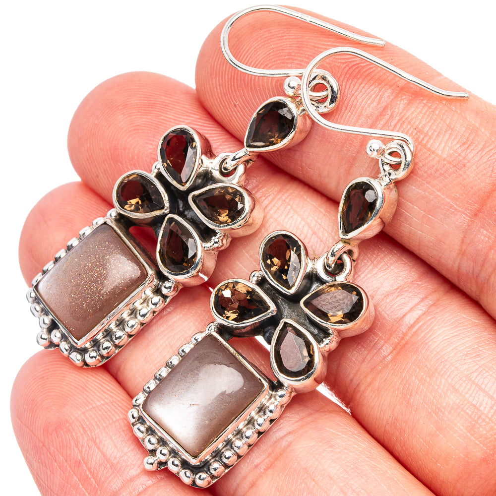 925 sterling silver smoky quartz drop earrings with dark teardrop flowers and square stones