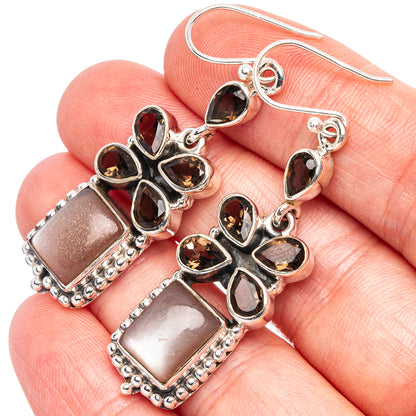 925 sterling silver smoky quartz drop earrings with dark teardrop flowers and square stones