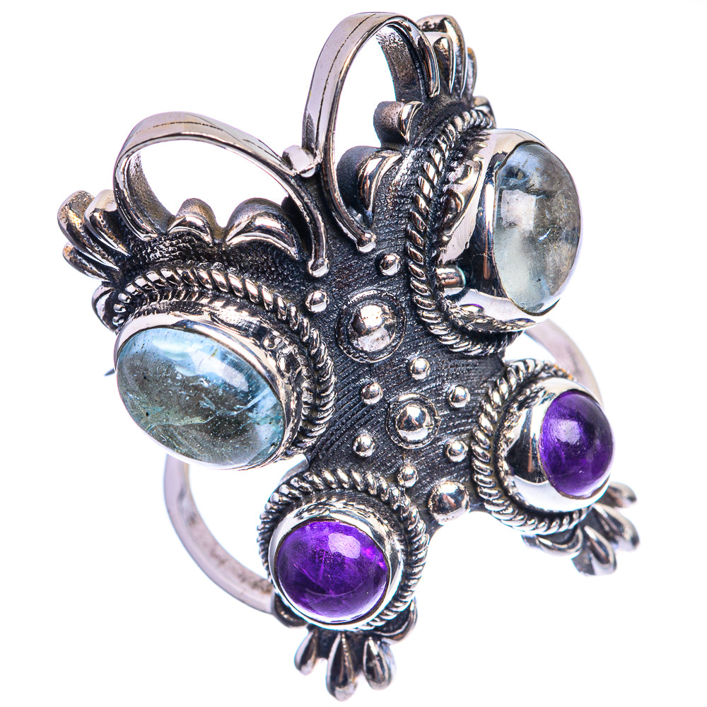 Large Natural Aquamarine, Amethyst 925 Sterling Silver Ring Size 6.5