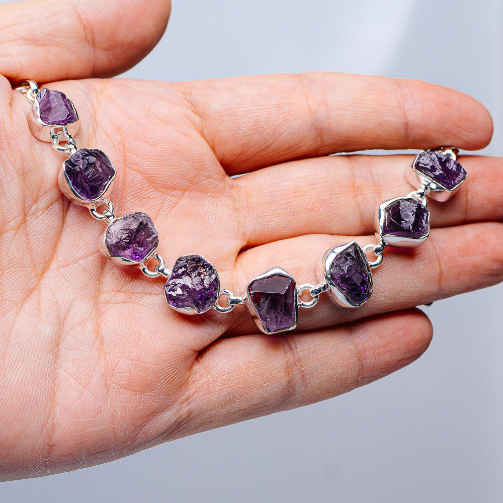 Raw Amethyst Bracelet 6 to 8" (.925 Sterling Silver)