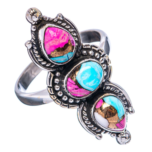 Ornate .925 sterling silver ring with three teardrop turquoise and pink inlays, size 9