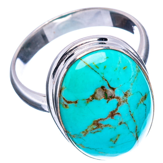 Turquoise cabochon sterling silver bezel ring with teal stone and brown veining