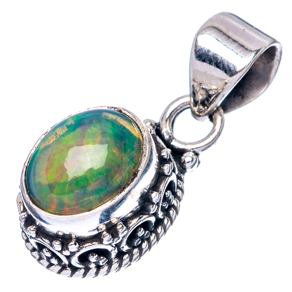 Ethiopian opal pendant in 925 sterling silver, oval green stone with ornate bezel