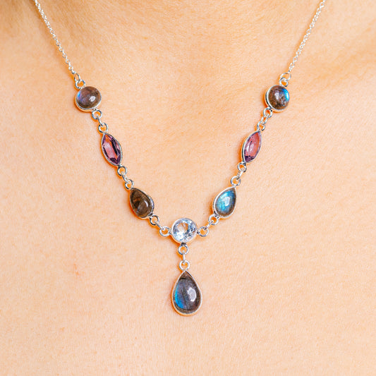 925 sterling silver gemstone necklace with blue, purple, and dark teardrop stones