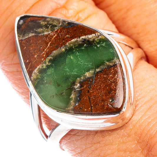 Sterling silver ring with green and brown chrysoprase in teardrop bezel