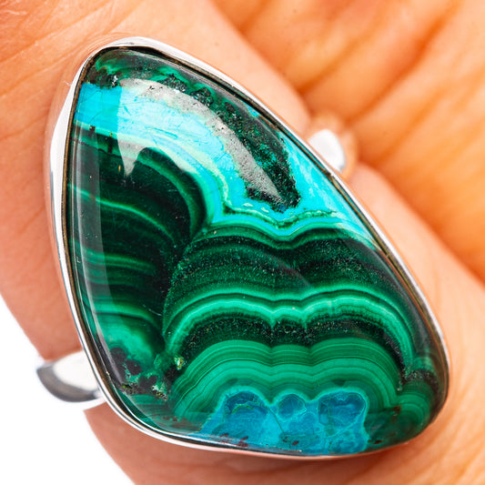 Oval malachite-chrysocolla cabochon ring, green-blue stone with silver band
