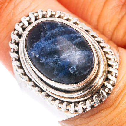 Sterling silver ring with oval dark blue sodalite stone and raised bezel