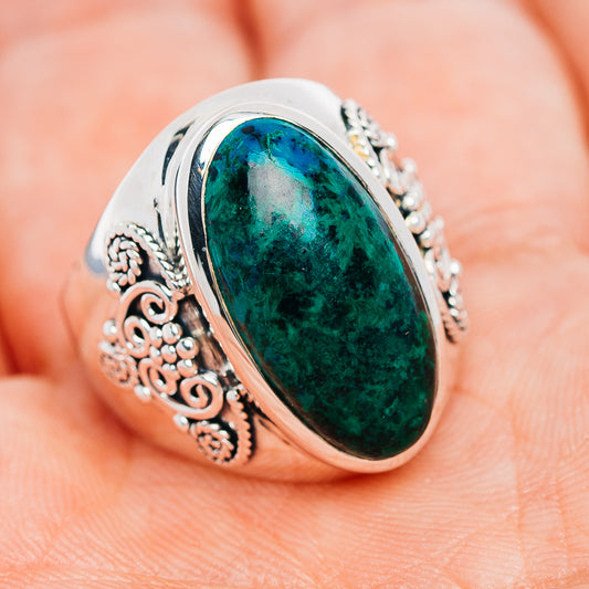 Sterling silver chrysocolla oval ring with side scroll filigree, size 7