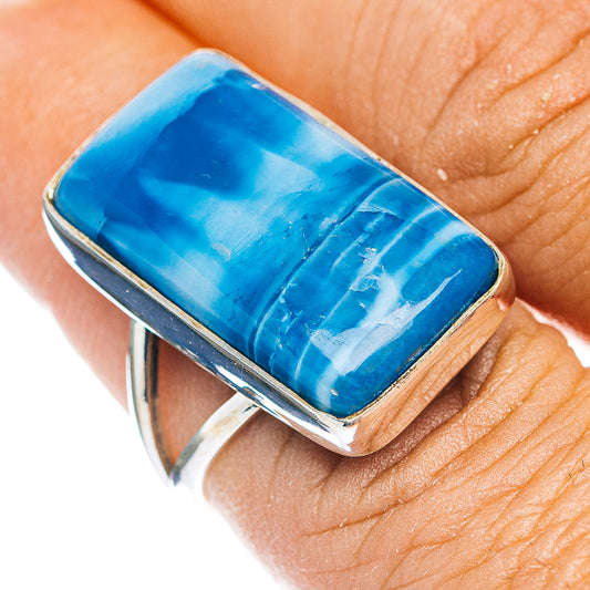 Sterling silver opal ring with rectangular blue stone, gold-toned bezel, size 7