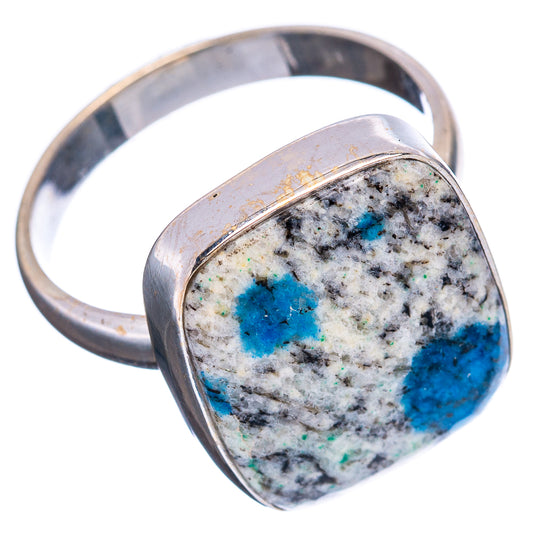Sterling silver ring, oval blue azurite cabochon on wide band, top and side view