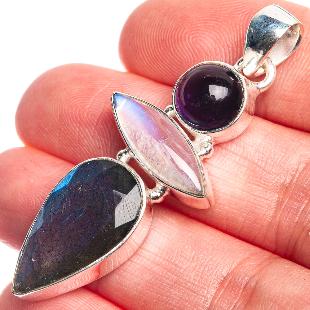 Labradorite, Rainbow Moonstone, Amethyst Pendant 2" (925 Sterling Silver) P39704