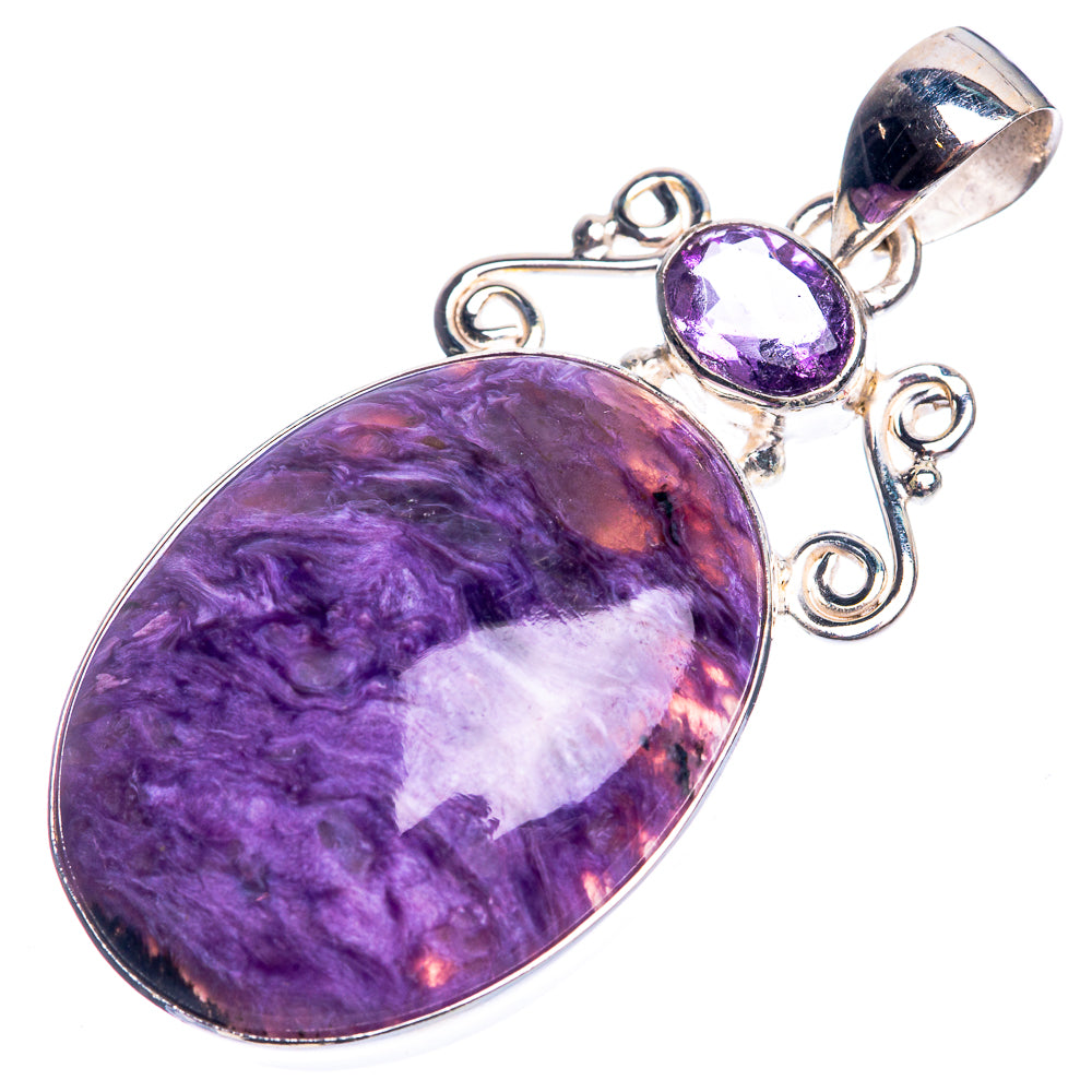 Sterling silver pendant with oval charoite cabochon and tiny purple amethyst accent