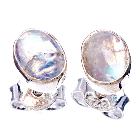 Oval rainbow moonstone stud earrings in .925 sterling silver, front view