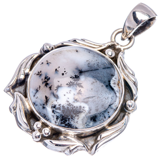 Round dendrite opal pendant in sterling silver with decorative scroll bail loop