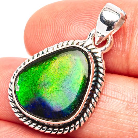 925 sterling silver ammolite pendant, oval green iridescent stone in rope bezel
