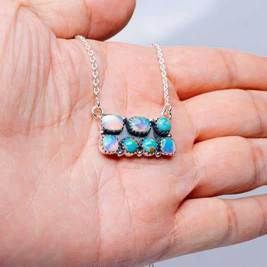 Southwestern Style Aurora Opal, Mohave Turquoise Necklace 17 to 19" (.925 Sterling Silver)
