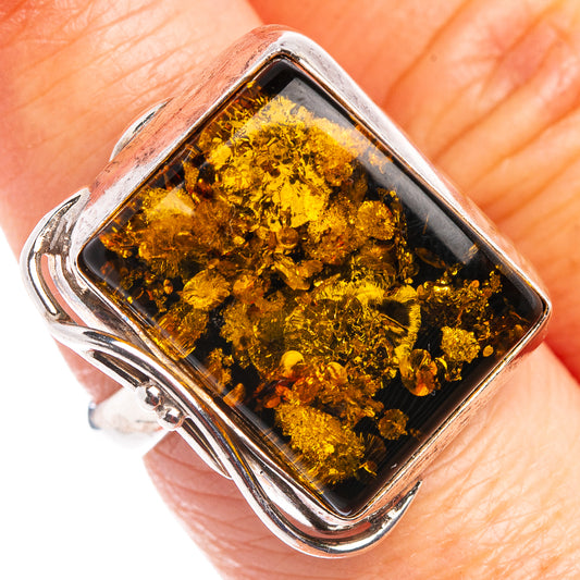 Square-set 925 sterling silver amber ring with glittery yellow stone center