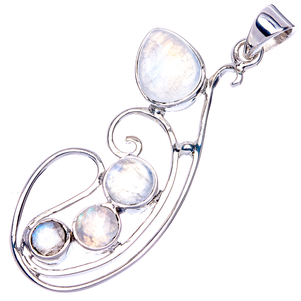 Sterling silver rainbow moonstone pendant with oval center stone and curved frame, loop top