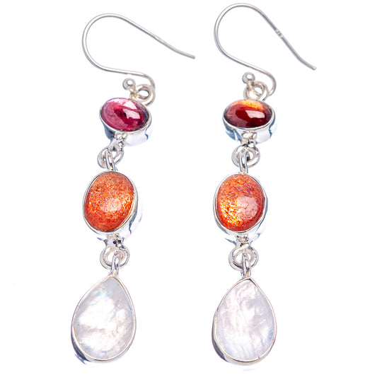 Sterling silver dangle earrings with red top, orange sunstone oval, and white pear-shaped moonstone drops