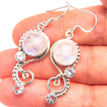 Premium Rainbow Moonstone, Blue Topaz Earrings 1 3/4" (925 Sterling Silver) E432356