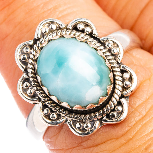 Oval blue larimar gemstone ring in ornate .925 sterling silver setting