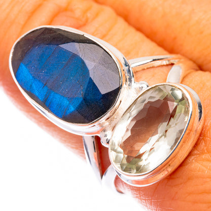 Sterling silver gemstone ring with oval blue labradorite and clear white quartz accent
