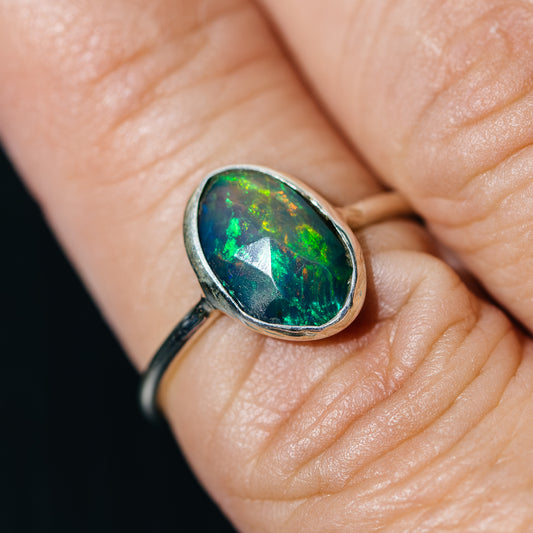 Black Ethiopian Opal Dainty Ring Size 7 (.925 Sterling Silver)