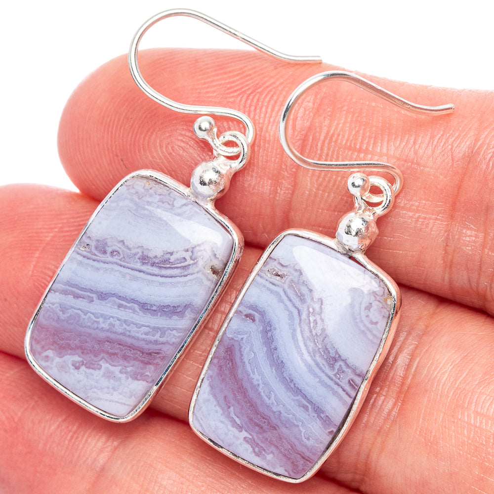 Sterling silver earrings with rectangular blue-lace agate drop stones, fishhook backs