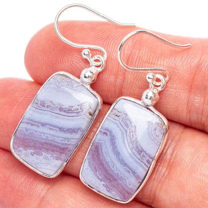 Sterling silver earrings with rectangular blue-lace agate drop stones, fishhook backs