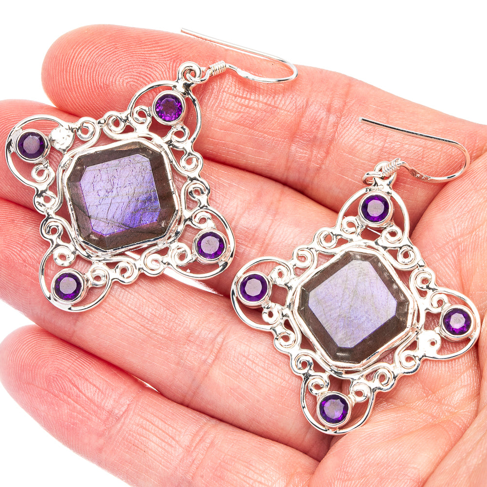 925 sterling silver drop earrings with faceted amethyst purple center and decorative frames