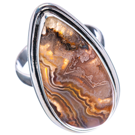 Oval crazy lace agate ring in .925 sterling silver, brown-gold layered stone with scalloped lines