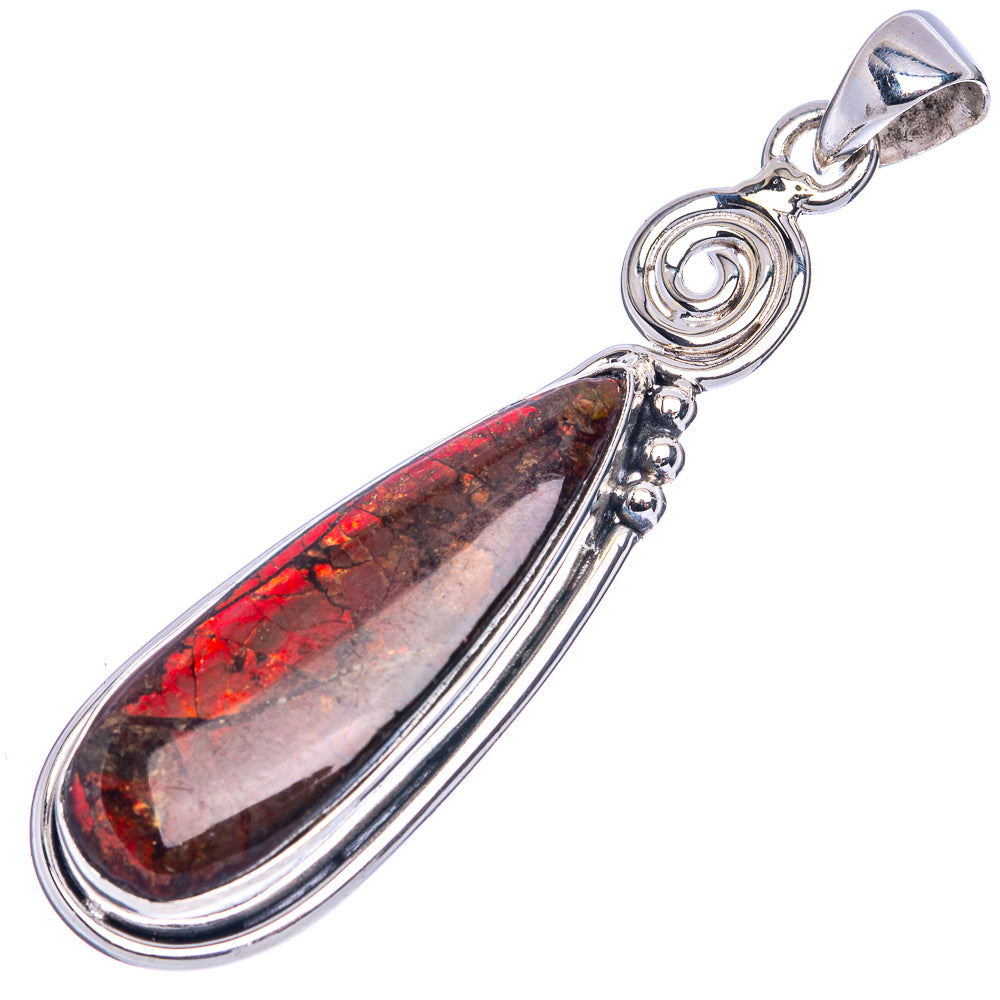 Rare ammolite pendant, oval stone with red flashes in 925 sterling silver setting