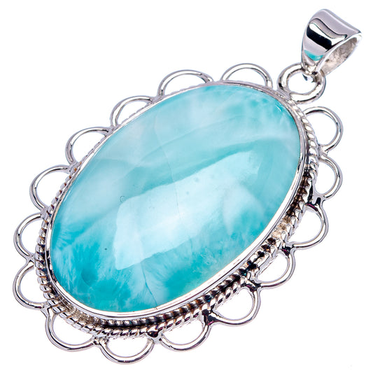 Oval Larimar pendant with .925 sterling silver scalloped border and top bail