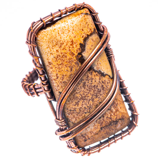 Oxidized copper wire ring with rectangular picture jasper cabochon, speckled tan and black