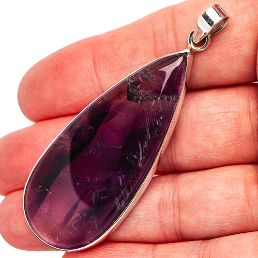 Amethyst teardrop pendant in .925 sterling silver, dark purple gemstone cabochon.