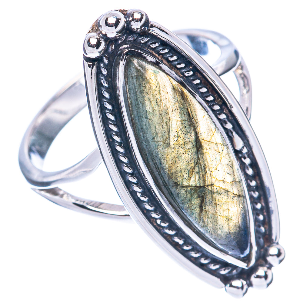 Labradorite marquise sterling silver ring with gold-green flash and beaded halo setting