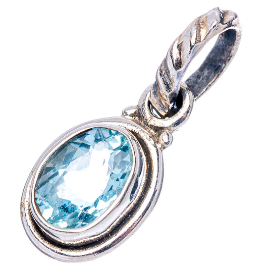 Sterling silver blue topaz oval pendant with side view loop bail
