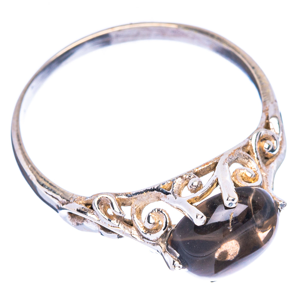 Dainty 925 sterling silver ring with smoky quartz cabochon and openwork band with stones
