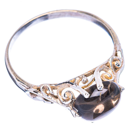 Dainty 925 sterling silver ring with smoky quartz cabochon and openwork band with stones