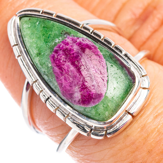 Sterling silver ring with oval green zoisite and magenta ruby centerpiece